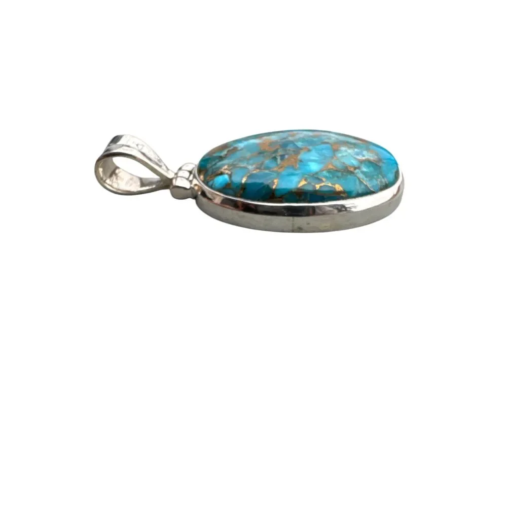 Kingman Blue Copper Turquoise Solid 925 Sterling Silver Pendant - Picture 2 of 3